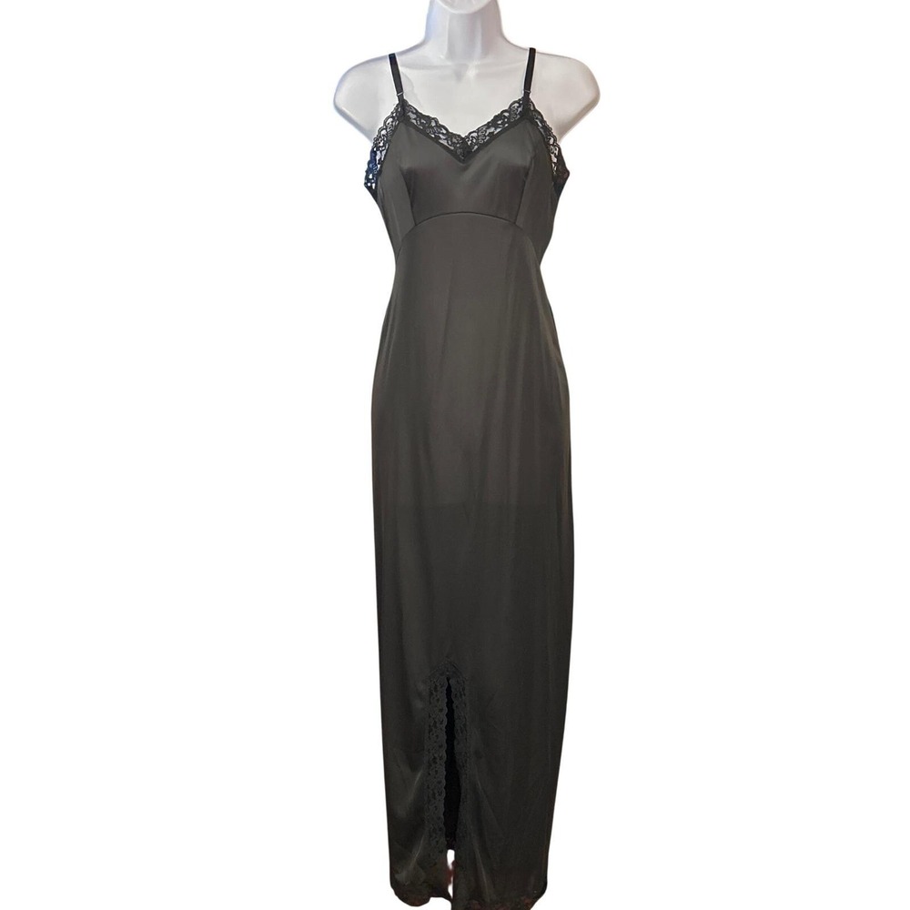 70s Gaymode JCPenney Full Slip Dress Black Lace Trim Goth Minimalist 34/12